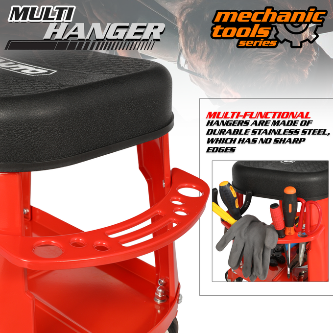 Heavy Duty Garage Rolling Workshop Stool <br>Dimensions: 16.5 x 10.5 x 14 in.