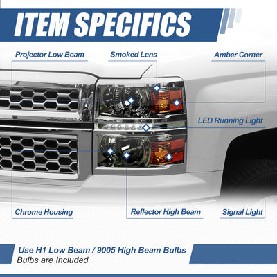 LED DRL Strip Projector Headlights <br>14-15 Chevy Silverado 1500