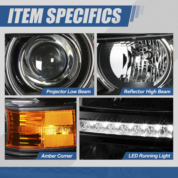 LED DRL Strip Projector Headlights <br>14-15 Chevy Silverado 1500