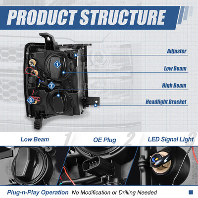LED DRL Strip Projector Headlights <br>14-15 Chevy Silverado 1500