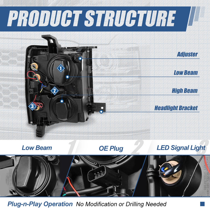 LED DRL Strip Projector Headlights <br>14-15 Chevy Silverado 1500