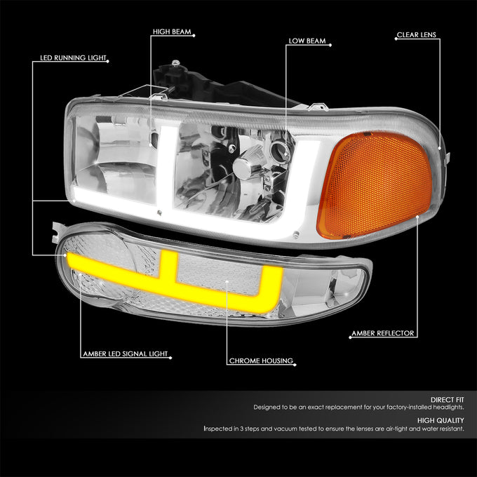 4PCS Switchback LED DRL Headlights+Bumper Lamps <br>01-07 GMC Sierra C3, Yukon/XL 1500/Denali