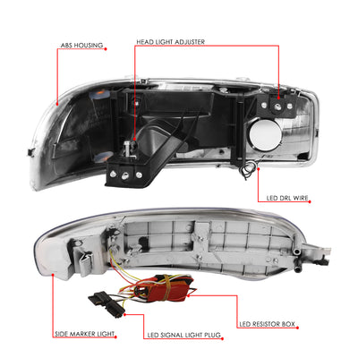 4PCS Switchback LED DRL Headlights+Bumper Lamps <br>01-07 GMC Sierra C3, Yukon/XL 1500/Denali