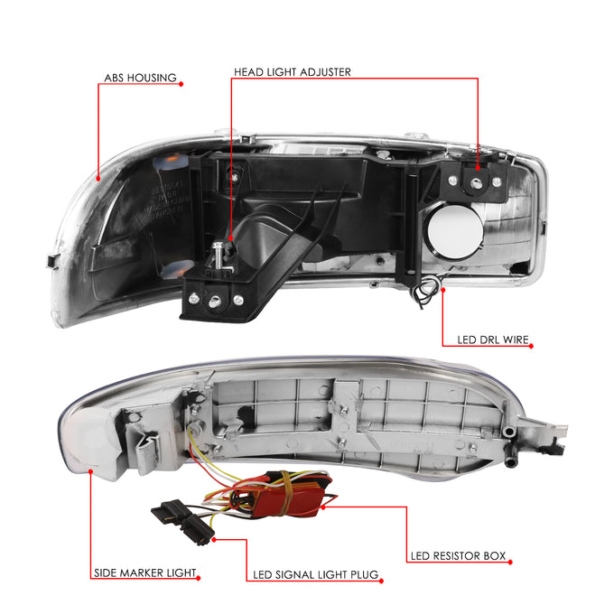 4PCS Switchback LED DRL Headlights+Bumper Lamps <br>01-07 GMC Sierra C3, Yukon/XL 1500/Denali