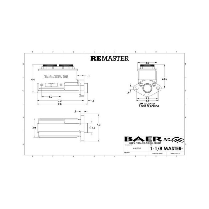 2-Bolt GM/Ford Master Cyl, 1-1/8in bore, Right port.<br>Baer Remaster 1-1/8in Bore, Right, Black