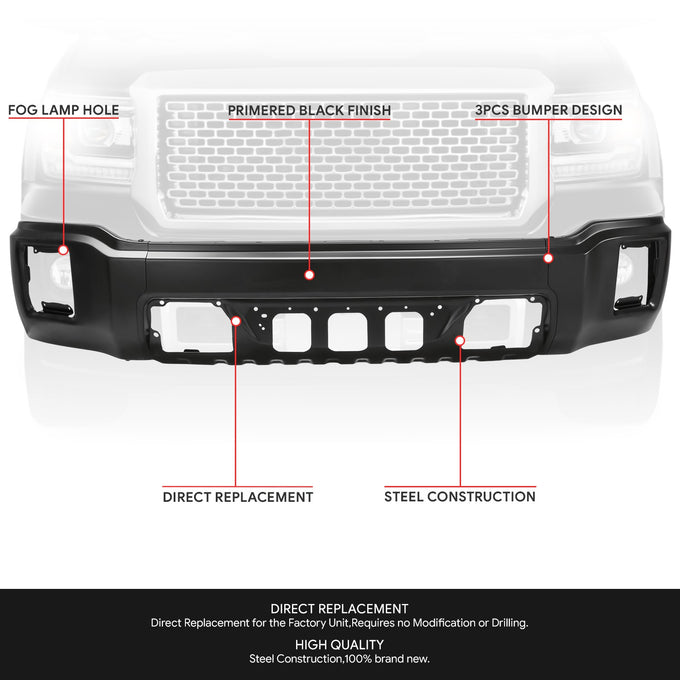 Modular Style Primered Steel Front Bumper Face Bar<br>14-15 GMC Sierra 1500