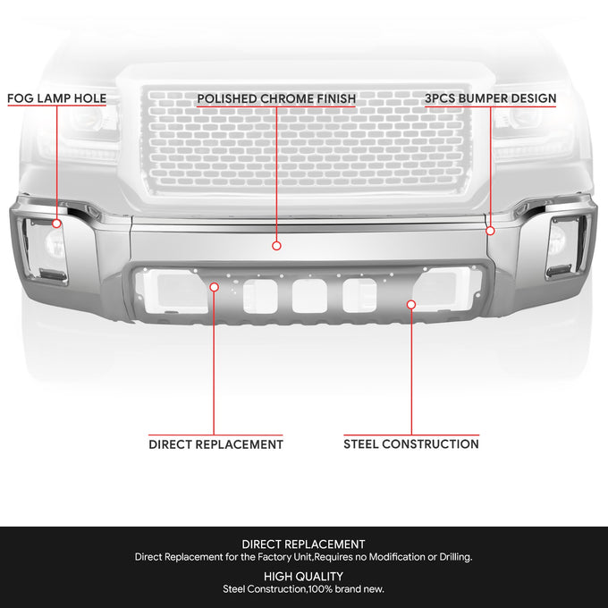 Modular Style Chrome Steel Front Bumper Face Bar<br>14-15 GMC Sierra 1500