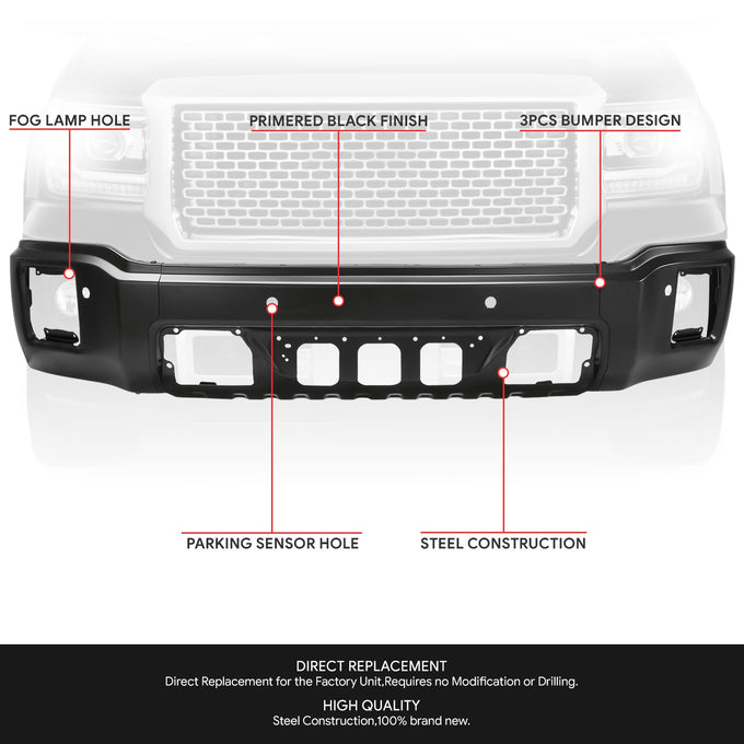 Modular Style Primered Black Front Bumper Face Bar<br>14-15 GMC Sierra 1500