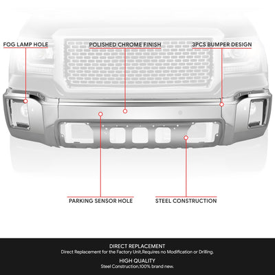 Modular Style Polished Chrome Front Bumper Face Bar<br>14-15 GMC Sierra 1500