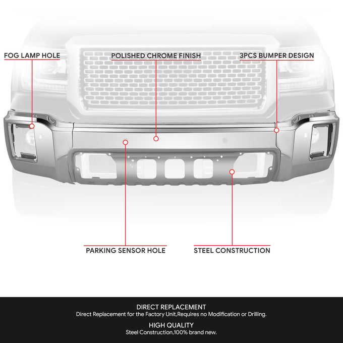 Modular Style Polished Chrome Front Bumper Face Bar<br>14-15 GMC Sierra 1500