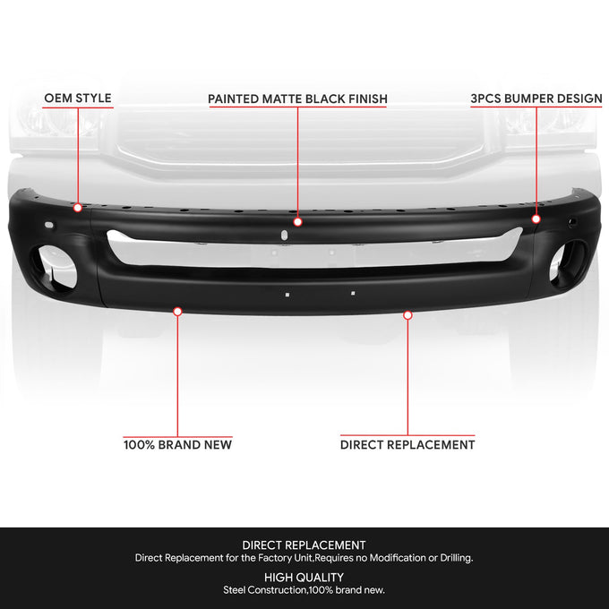 Modular Style Primered Black Front Bumper Face Bar<br>02-08 Dodge RAM 1500,03-05 RAM 2500 RAM 3500