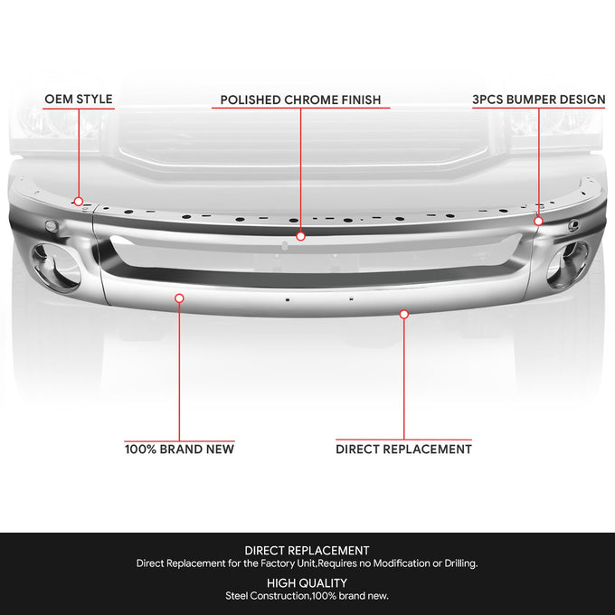 Modular Style Polished Chrome Front Bumper Face Bar<br>02-08 Dodge RAM 1500,03-05 RAM 2500 RAM 3500