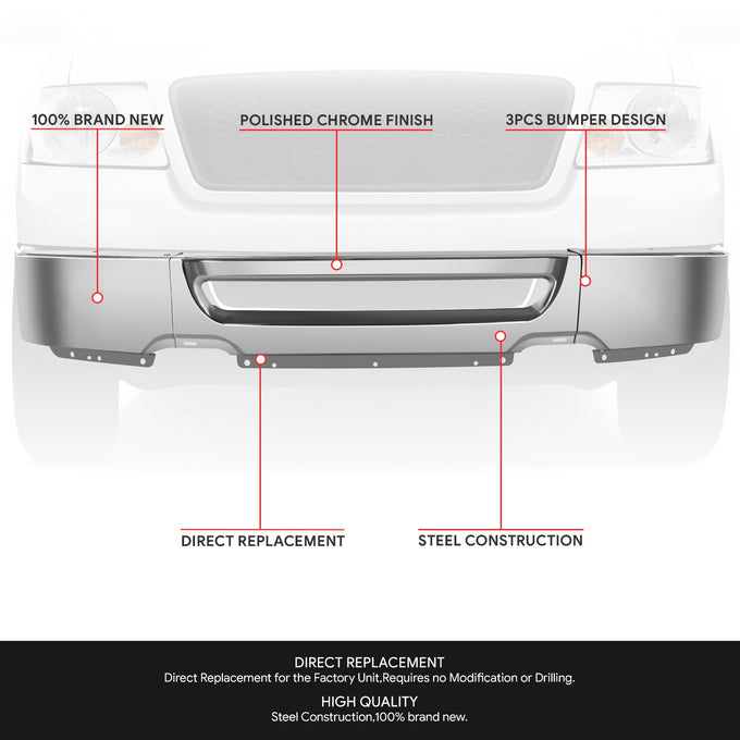 Modular Style Polished Chrome Front Bumper Face Bar<br>06-08 Ford F-150