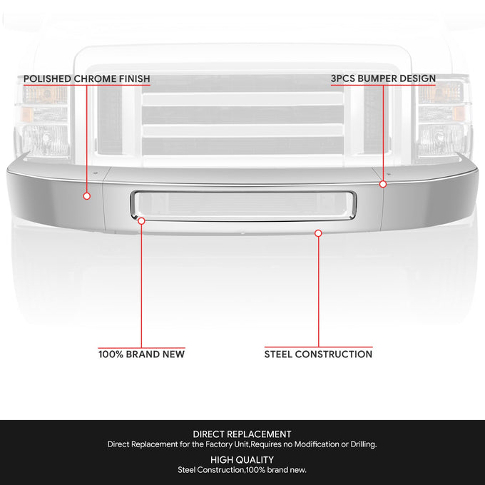Modular Style Chrome Front Bumper Face Bar<br>08-14 FORD E-150,09-19 E-250 E-350 E-450