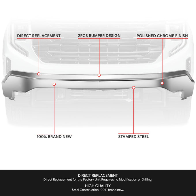 Chrome Steel Front Bumper Impact Bar<br>22-26 GMC Sierra 1500, 2022 1500 Limited