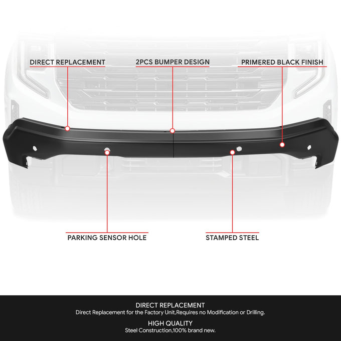 Black w/ Park Sensor Holes Front Bumper Impact Bar<br>22-26 GMC Sierra 1500, 2022 1500 Limited