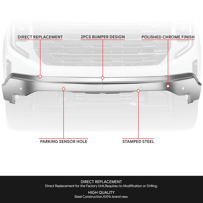 Chrome Front Bumper Impact Bar w/ Park Sensor Holes<br>22-26 GMC Sierra 1500, 2022 1500 Limited