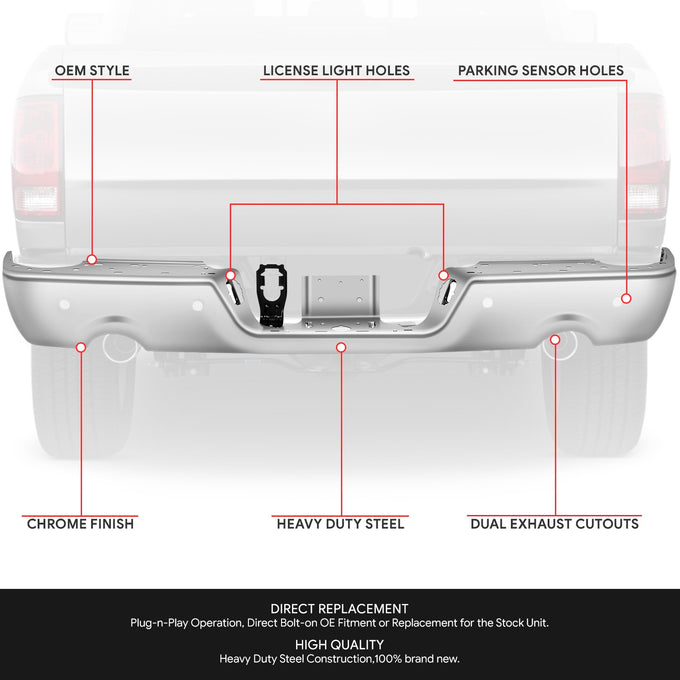 Rear Step Bumper W/Dual Exhaust & Park Assis <BR> 09-18 Dodge Ram 1500, 19-24 Classic