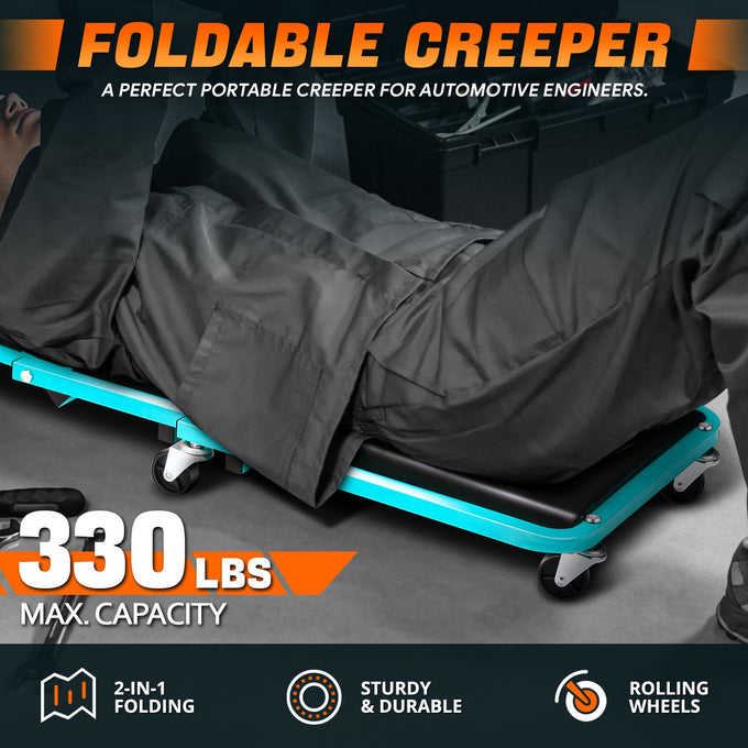 36 in. 2-in-1 Foldable Rolling Creeper & Seat <br> Dimension( in.): 36 L X 17.32 W X 4.7 H