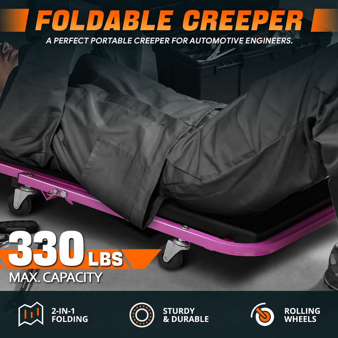 40 in. L 2-IN-1 Folding Rolling Car Creepers & Seat <br> Dimension (in.): 40 L X 17.32 W X 4.72 H