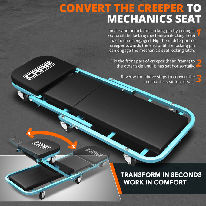 40 in. L 2-IN-1 Folding Rolling Car Creepers & Seat <br> Dimension (in.): 40 L X 17.32 W X 4.72 H