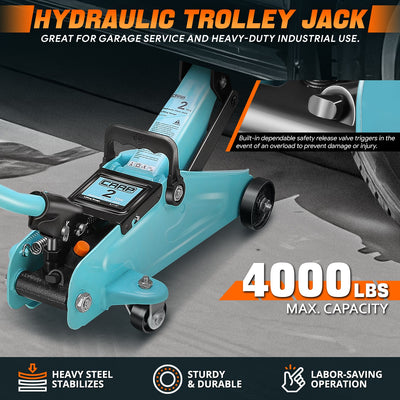 2 Ton Hydraulic Trolley Floor Jack w/Swivel Casters <br> Built-in overload safety valve