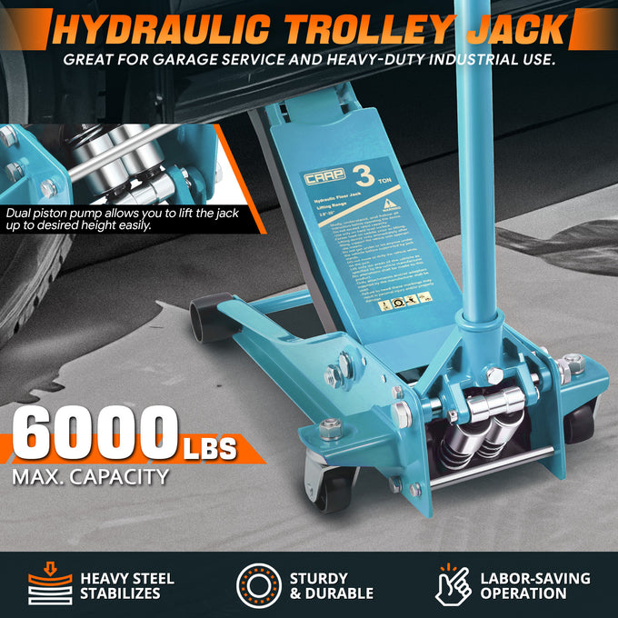 3 Ton Hydraulic Trolley Floor Jack <br>7.87in. x 16.5 in. x 17.32 in.