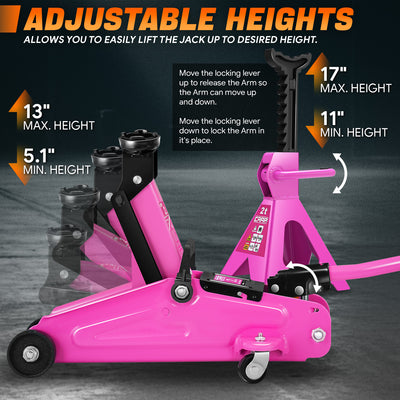 2 Ton Hydraulic Trolley Floor Jack w/Jack Stands <br> Adjustable height: 11 in. to 17 in.