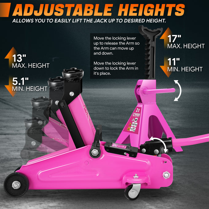 2 Ton Hydraulic Trolley Floor Jack w/Jack Stands <br> Adjustable height: 11 in. to 17 in.
