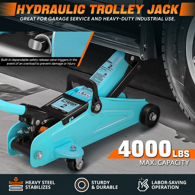 2 Ton Hydraulic Trolley Floor Jack w/Jack Stands <br> Adjustable height: 11 in. to 17 in.