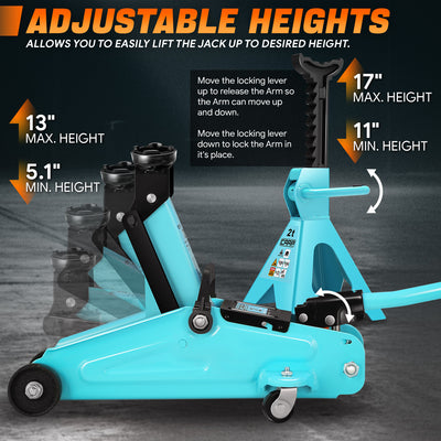 2 Ton Hydraulic Trolley Floor Jack w/Jack Stands <br> Adjustable height: 11 in. to 17 in.