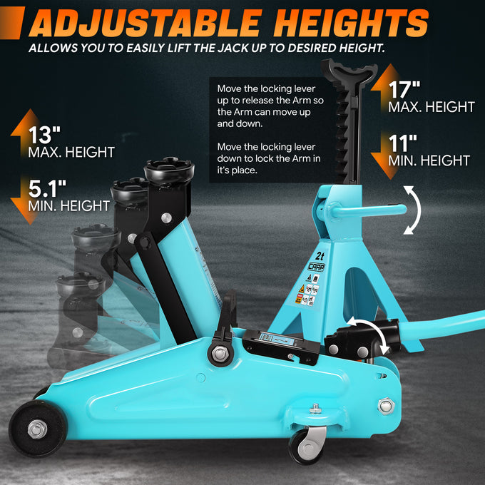 2 Ton Hydraulic Trolley Floor Jack w/Jack Stands <br> Adjustable height: 11 in. to 17 in.