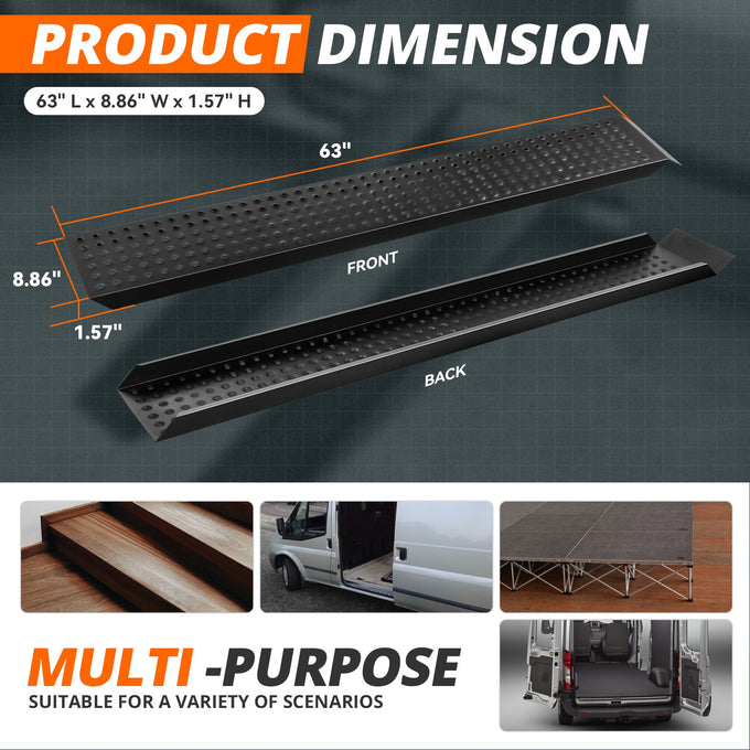 Versatile Anti-slip Arched steel loading Ramps <br> Dimensions (in.): 63 L x 8.86 W x 7.57 H
