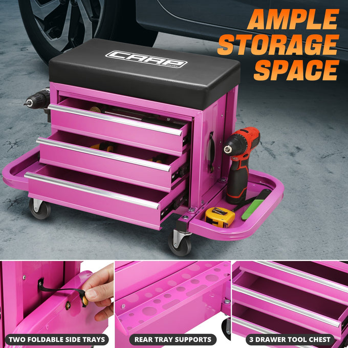 3 Drawer Rolling Mechanics Seat W/Folding Side Tray <br> Cushion Dimension: 410x225mm