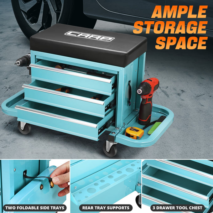 3 Drawer Rolling Mechanics Seat W/Folding Side Tray <br> Cushion Dimension: 410x225mm