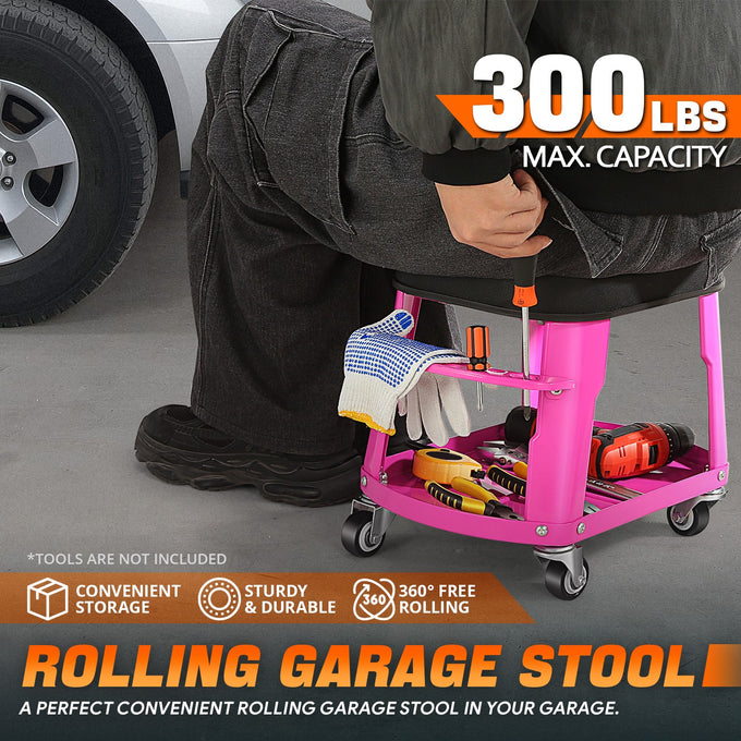 Adjustable Rolling Pneumatic Creeper Seat <br> Dimension: 16.14 in. L x 10.62 in. W x 13.78 in. H