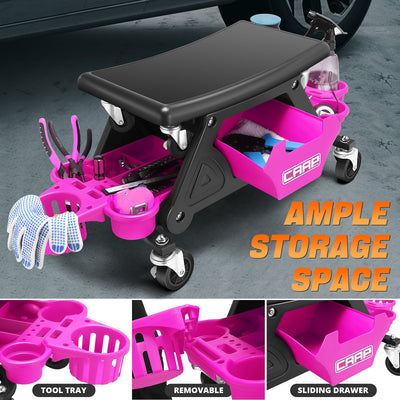 Versatile Mechanic Rolling Stool w/Storage tray <br> Dimensions: 25-1/2 in. L x 13 in. H x 12 in. W