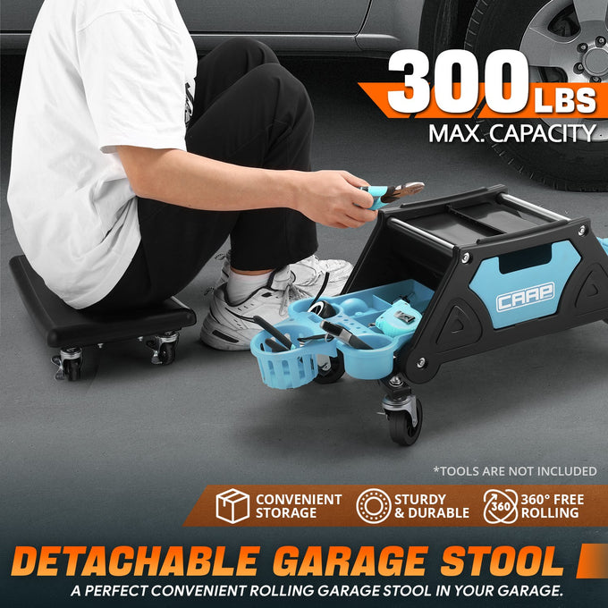 Versatile Mechanic Rolling Stool w/Storage tray <br> Dimensions: 25-1/2 in. L x 13 in. H x 12 in. W