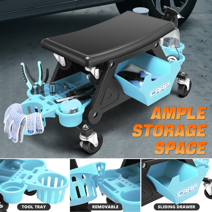 Versatile Mechanic Rolling Stool w/Storage tray <br> Dimensions: 25-1/2 in. L x 13 in. H x 12 in. W