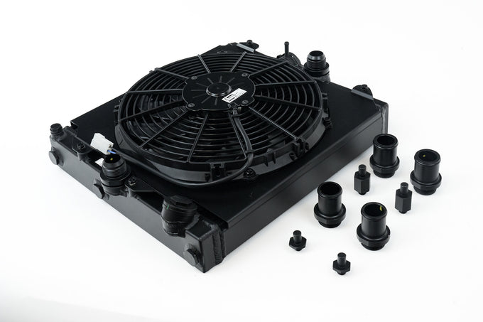 Universal Half Radiator w/ SPAL Fan & Shroud - Black <br> 92-00 Honda Civic 03-06 Mitsubishi Lancer