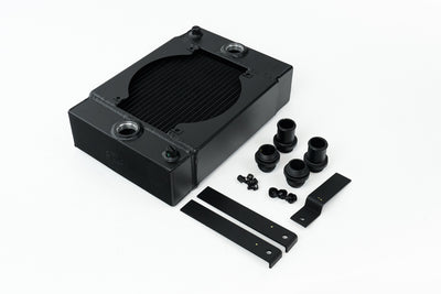 Radiator w/ SPAL Fan & Mounting Kit - Black <br> 10.5in H x 10in L x 3.6in W