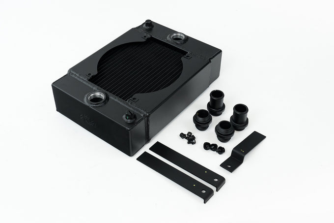 Radiator w/ SPAL Fan & Mounting Kit - Black <br> 10.5in H x 10in L x 3.6in W
