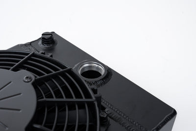 Radiator w/ SPAL Fan & Mounting Kit - Black <br> 10.5in H x 10in L x 3.6in W