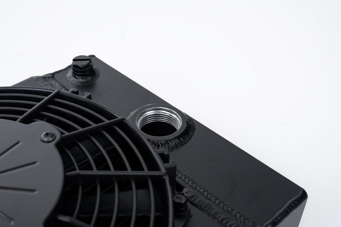 Radiator w/ SPAL Fan & Mounting Kit - Black <br> 10.5in H x 10in L x 3.6in W