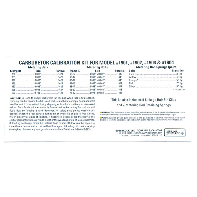 Carburetor Calibration Kit <br> For 1901 / 1902 / 1903 / 1904