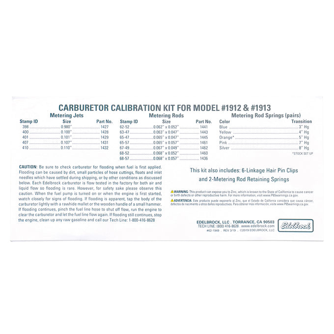 Carburetor Calibration Kit <br> For 1912 / 1913