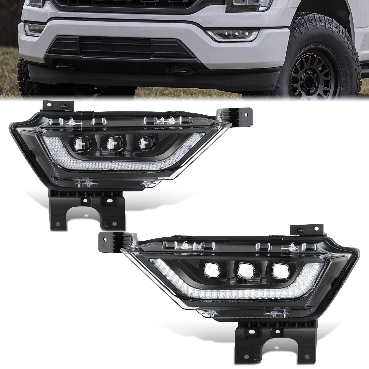 LED DRL Turn Signal Black Projector Fog Lights<br>21-23 Ford F150