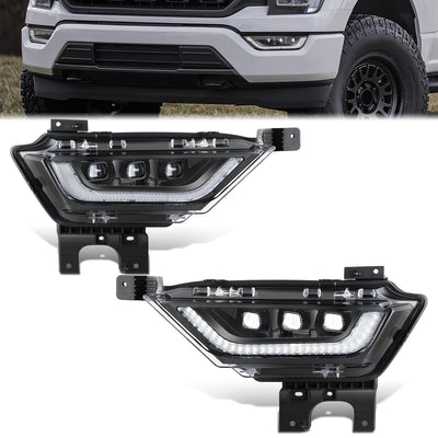 LED DRL Turn Signal Black Projector Fog Lights<br>21-23 Ford F150