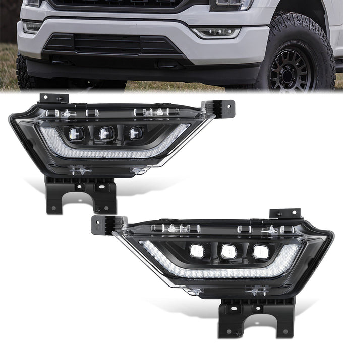 LED DRL Turn Signal Black Projector Fog Lights<br>21-23 Ford F150