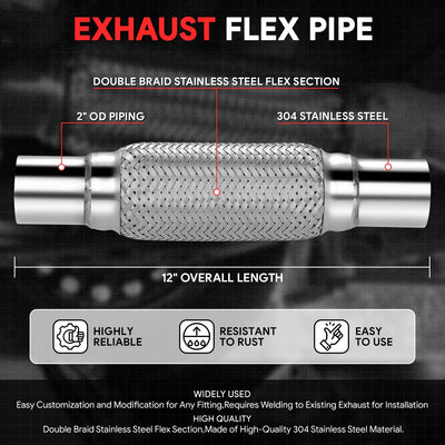 2 in. OD 12 in. L Double Braid Exhaust Flex Pipe <br> 8in. Flex Section